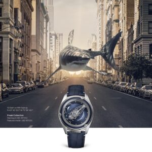 Uno squalo nuota per le strade nella  nuova campagna ecologista di Ulysse Nardin